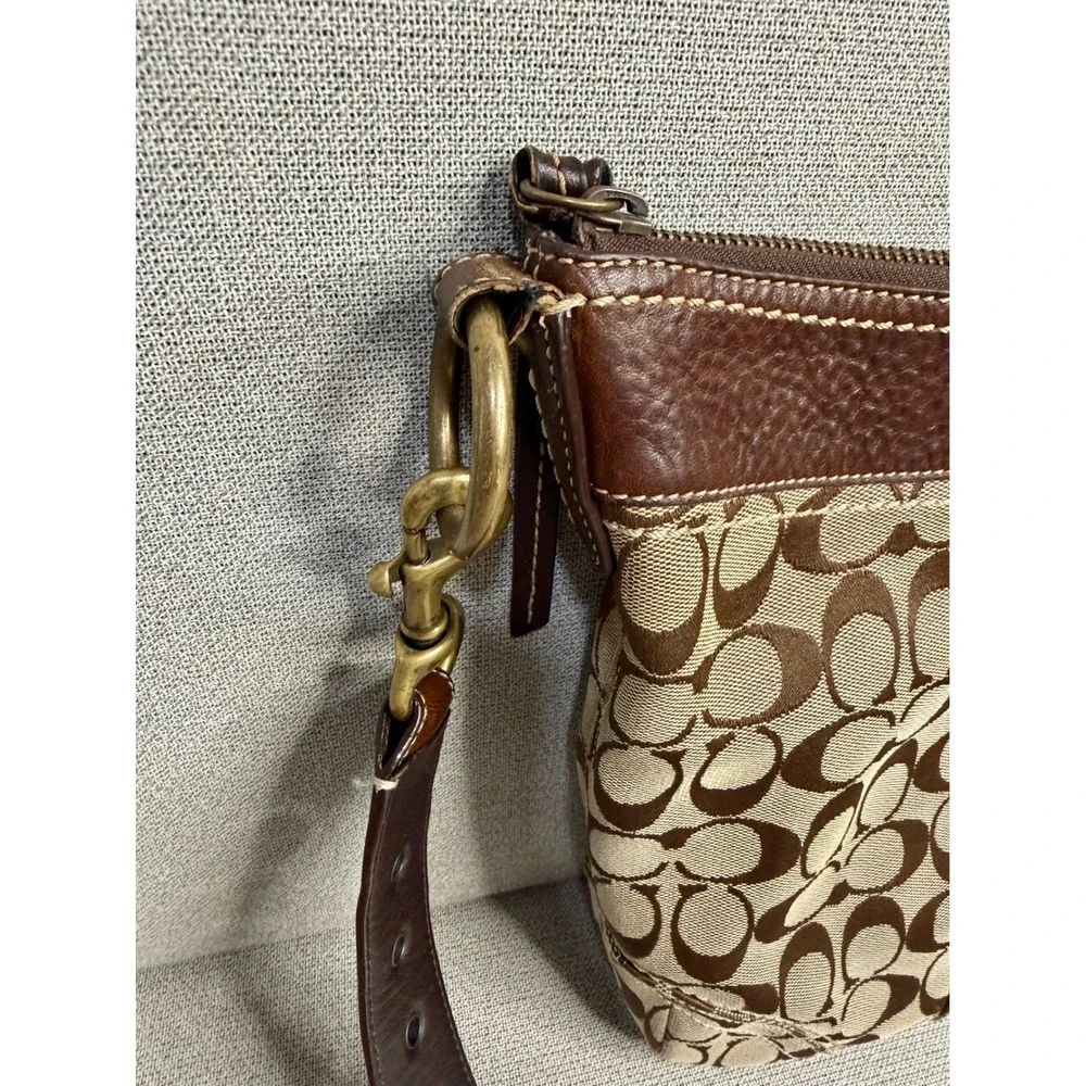Y2K Coach Signature Jacquard Crossbody Bag Brown Leather Trim 10403 VTG‎ Khaki